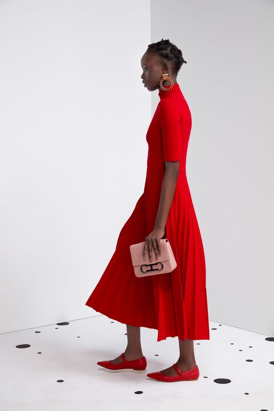 CAROLINA HERRERA Lacquer Red Mock Neck Pleated Midi Fit Dress size XL NWT